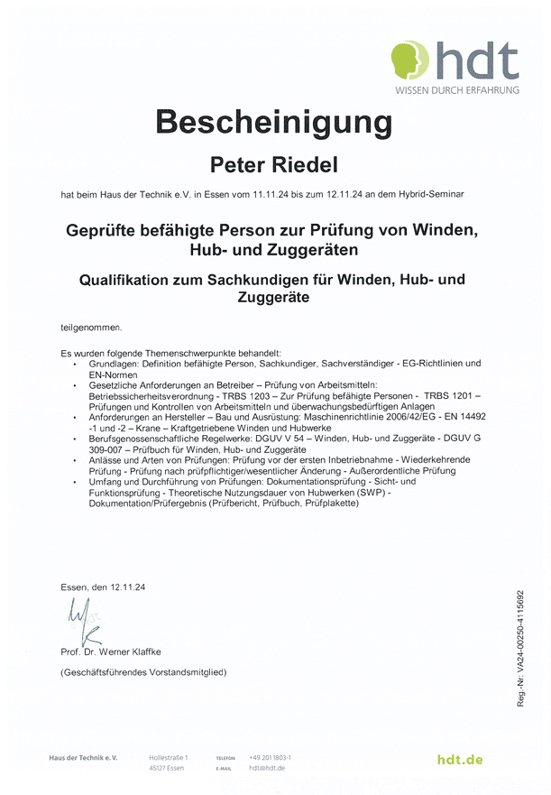 Bescheinigung als geprüfte befähigte Person zur Prüfung von Winden, Hub- und Zuggeräten