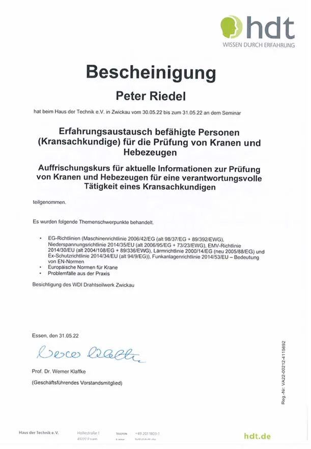 Bescheinigung des Haus der Technik über die Qualifikation als befähigte Person, 2022