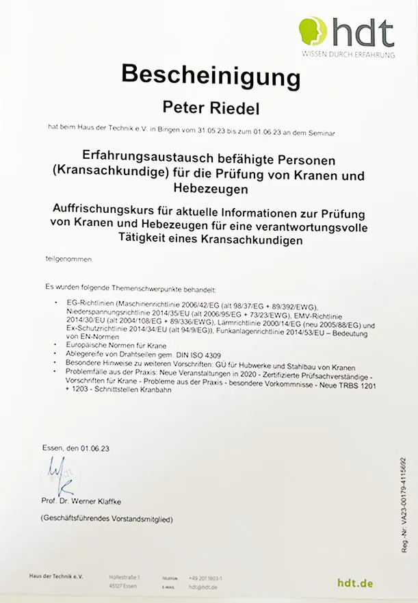 Bescheinigung als Kransachkundiger für die Prüfung von Kranen und Hebezeugen, 2023