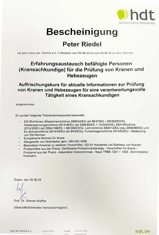 Bescheinigung als Kransachkundiger für die Prüfung von Kranen und Hebezeugen, 2024