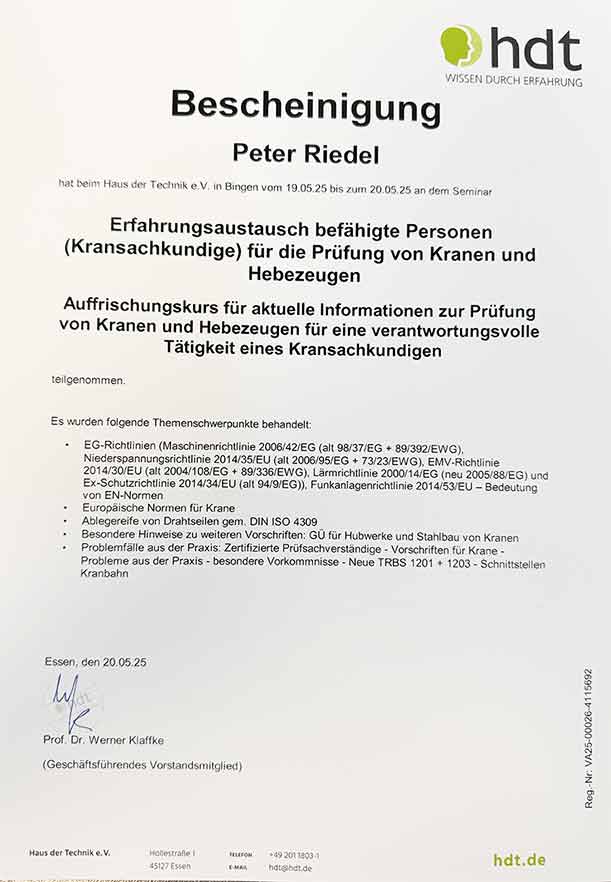 Bescheinigung des Haus der Technik über die Qualifikation als befähigte Person, 2025