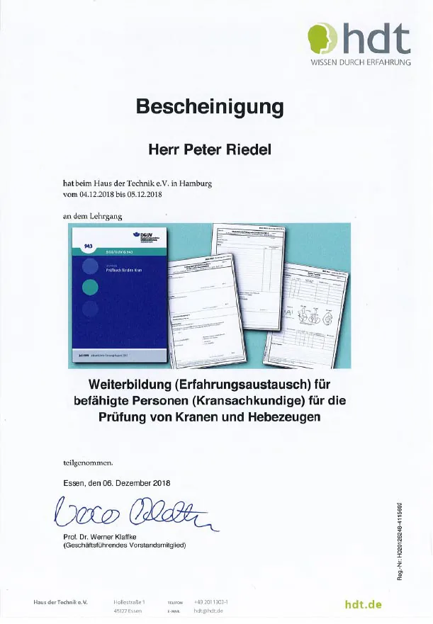 Bescheinigung des Haus der Technik über die Sachverständigenqualifikation