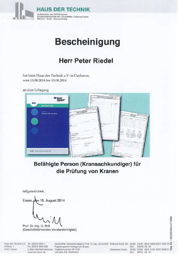 Bescheinigung als Sachverständiger für die Prüfung von Kranen, 2023